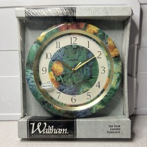Waltham Quartz Vintage Wall Clock 90s Floral Glass Lens Color 11.5" NOS Sealed